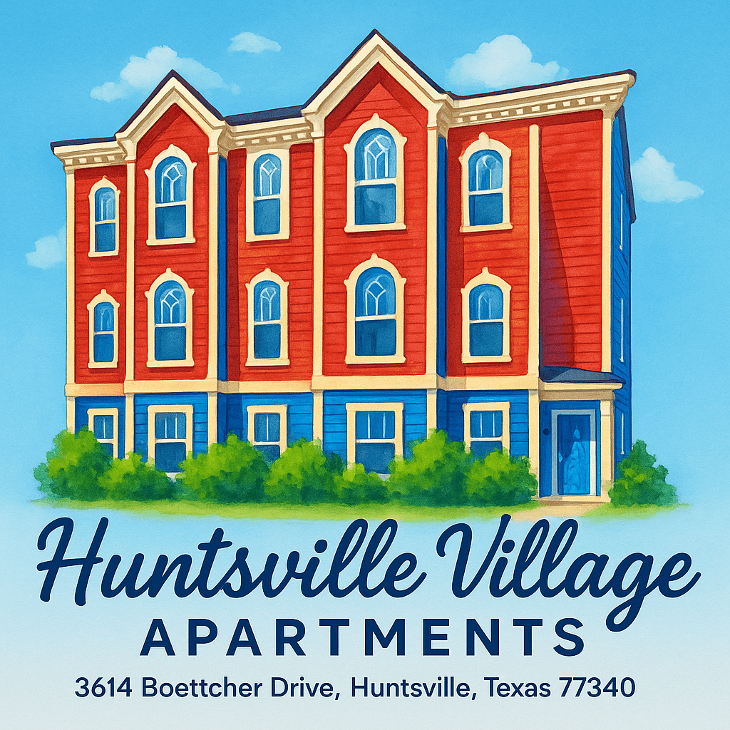 A red and blue building with the text "Huntsville Village Apartments" in front of it.